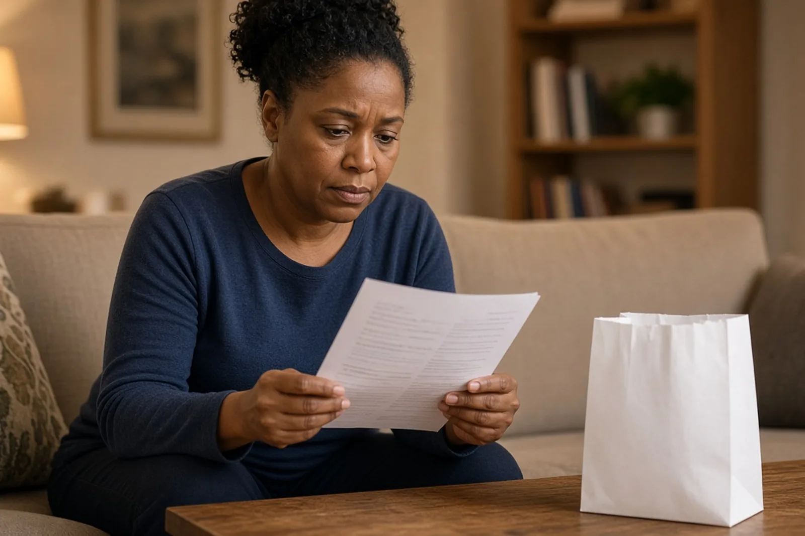 Woman reading medical paperwork at home about a hair relaxer lawsuit