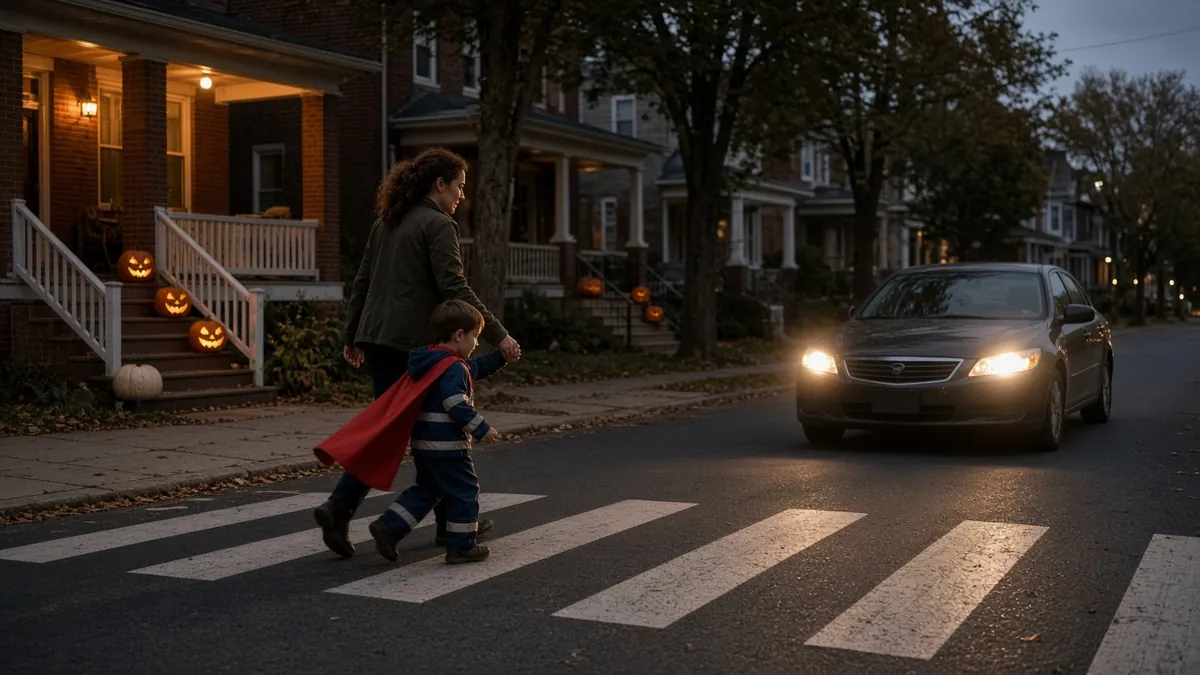 Halloween safety in Louisville: a parent and child in a reflective costume cross at a corner as a car waits.