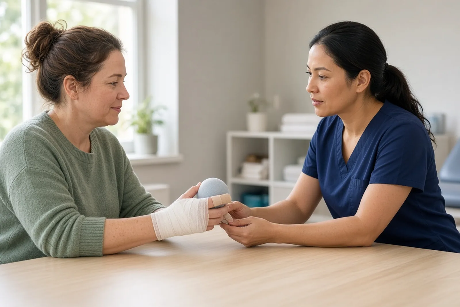 Patient with a bandaged hand working with a hand therapist at a clinic table, care a hand injury lawyer documents