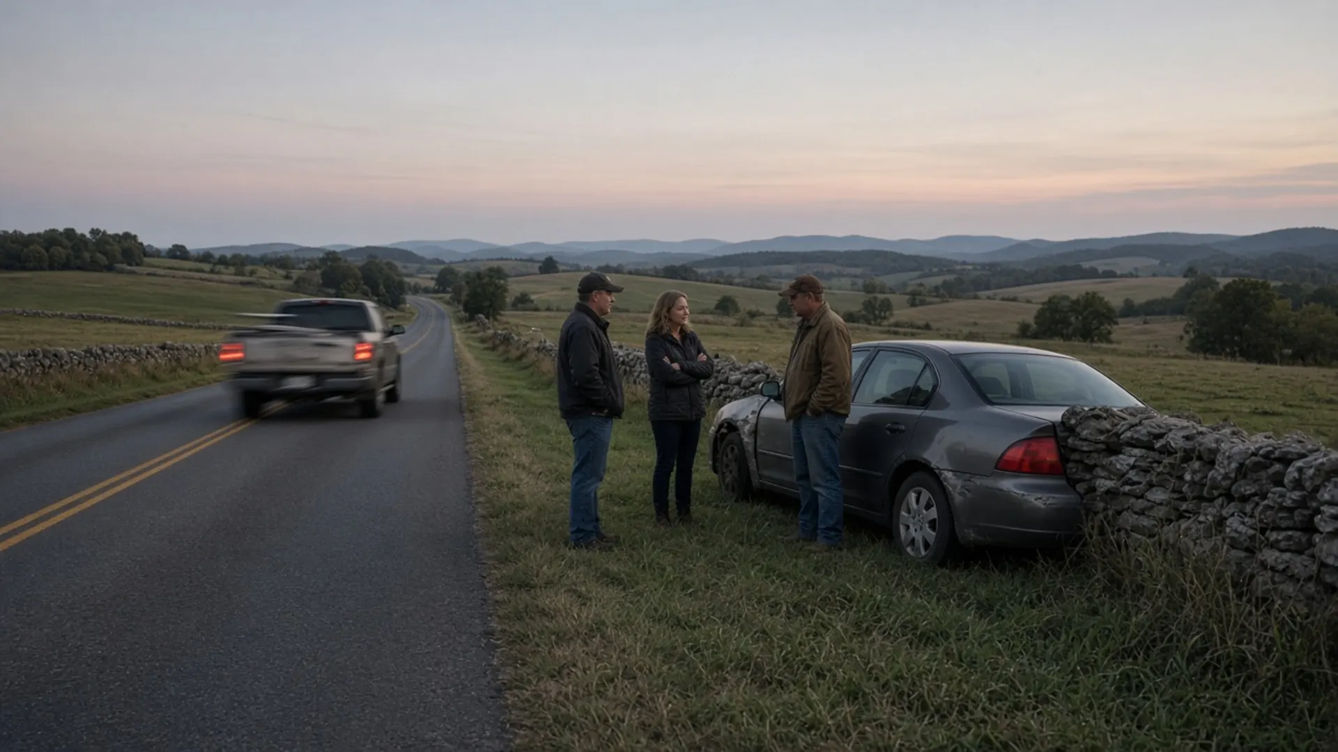 Harrodsburg, KY personal injury lawyer — Visitors and a driver beside a car with a dented fender on a rural two-lane highway with stone fences near Harrodsburg
