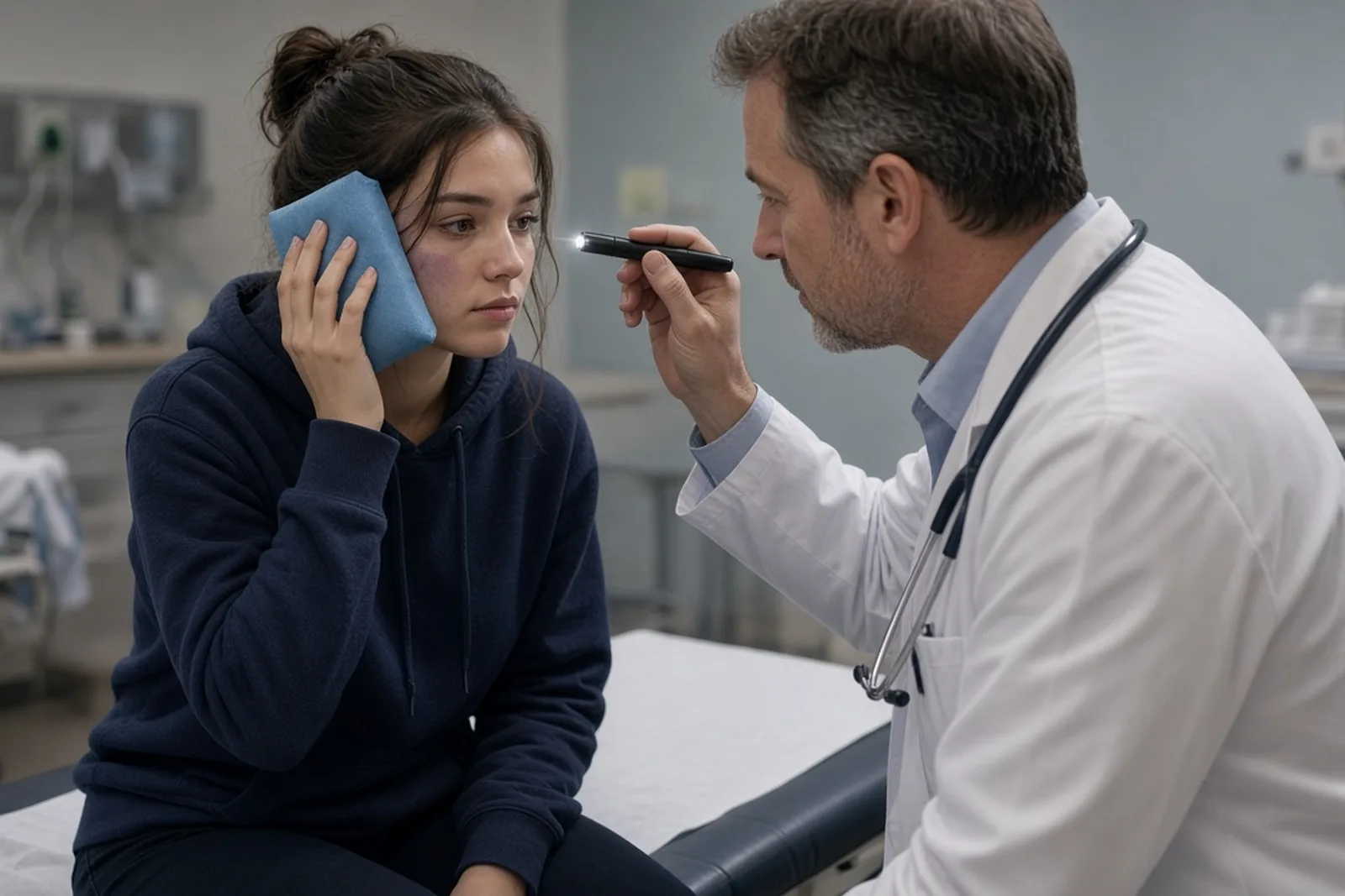 Emergency room doctor checking head injury symptoms after a car accident in a young woman’s pupils with a penlight while she holds an ice pack to her head