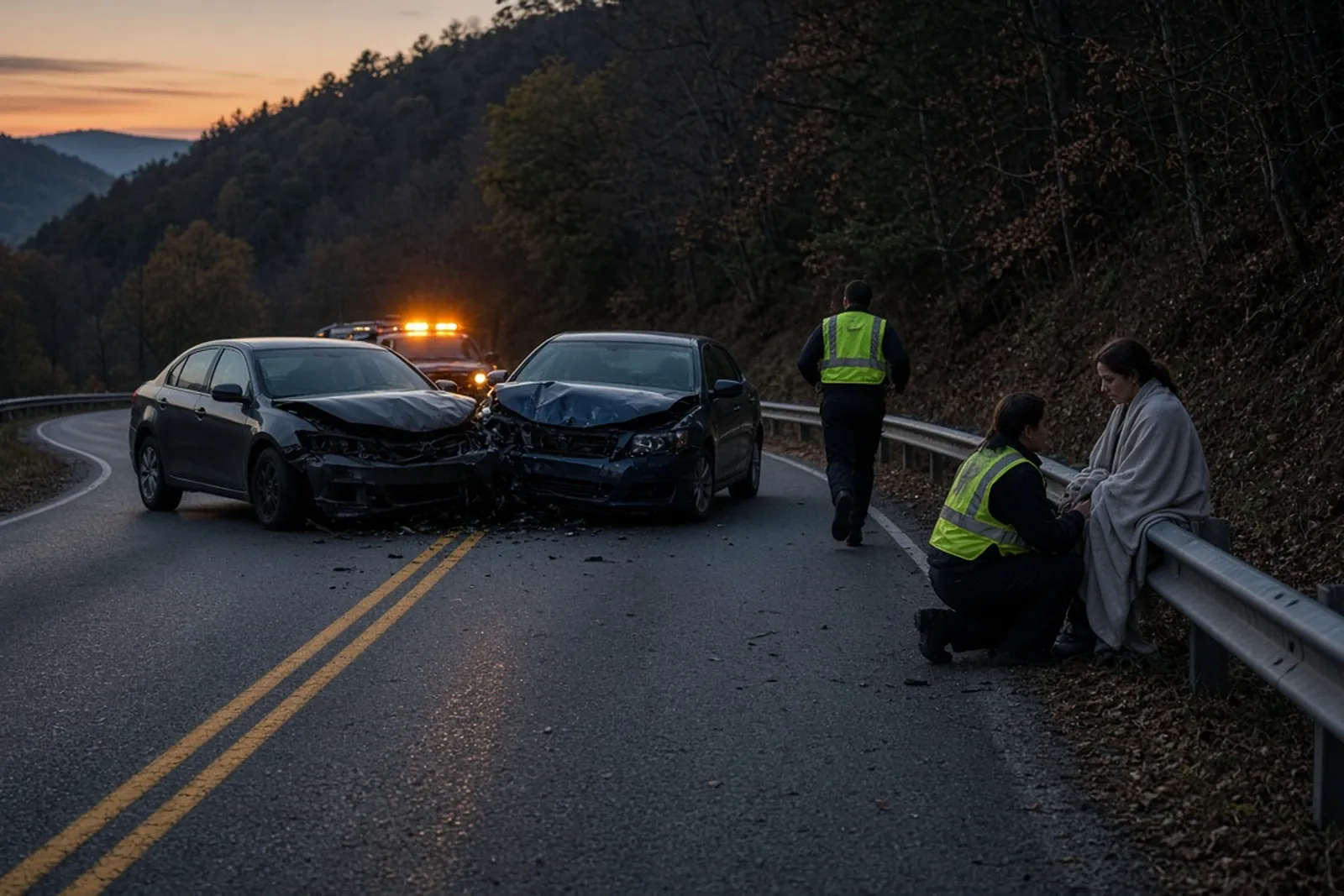 Head-on collision on a two-lane Kentucky highway, with responders helping a driver near the center line.