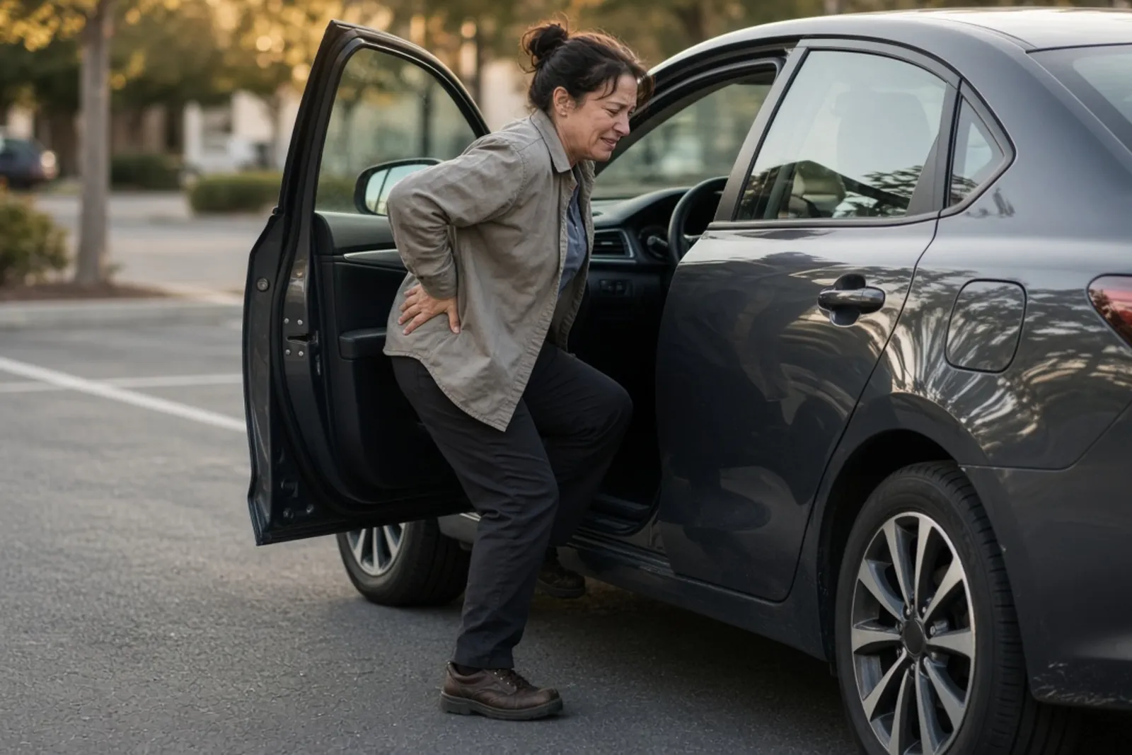 Woman with lower back pain getting out of her car after a rear-end crash