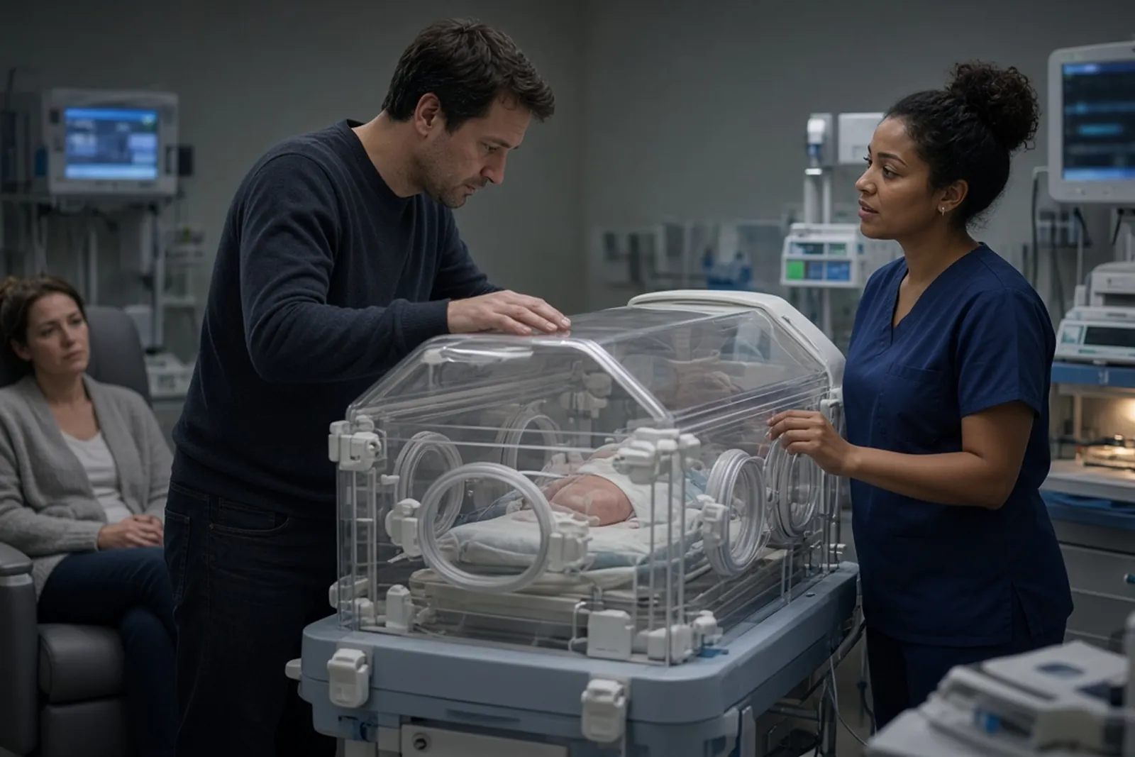 HIE birth injury: parents watch over their newborn in a NICU incubator as a nurse explains the baby's care.