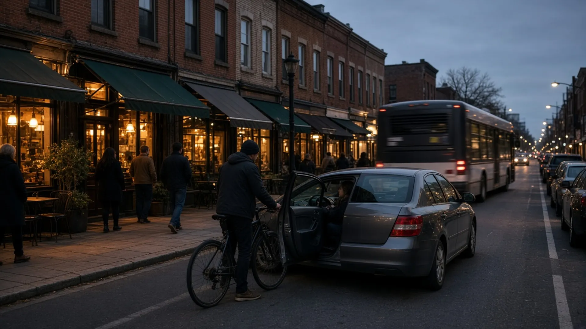 Louisville Highlands personal injury lawyer — Pedestrians and a cyclist near a stopped car on a busy street of shops and restaurants with parked cars in the Highlands at dusk