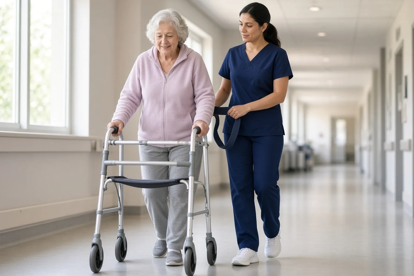 Older woman walking with a walker in a hospital hallway, supported by a physical therapist, recovery a hip injury lawyer documents