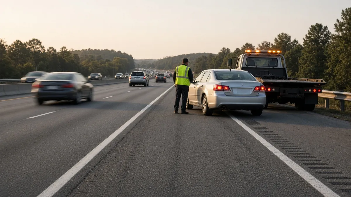 Traffic shifts a lane left past a tow truck and a disabled car, as Kentucky's move over law requires.