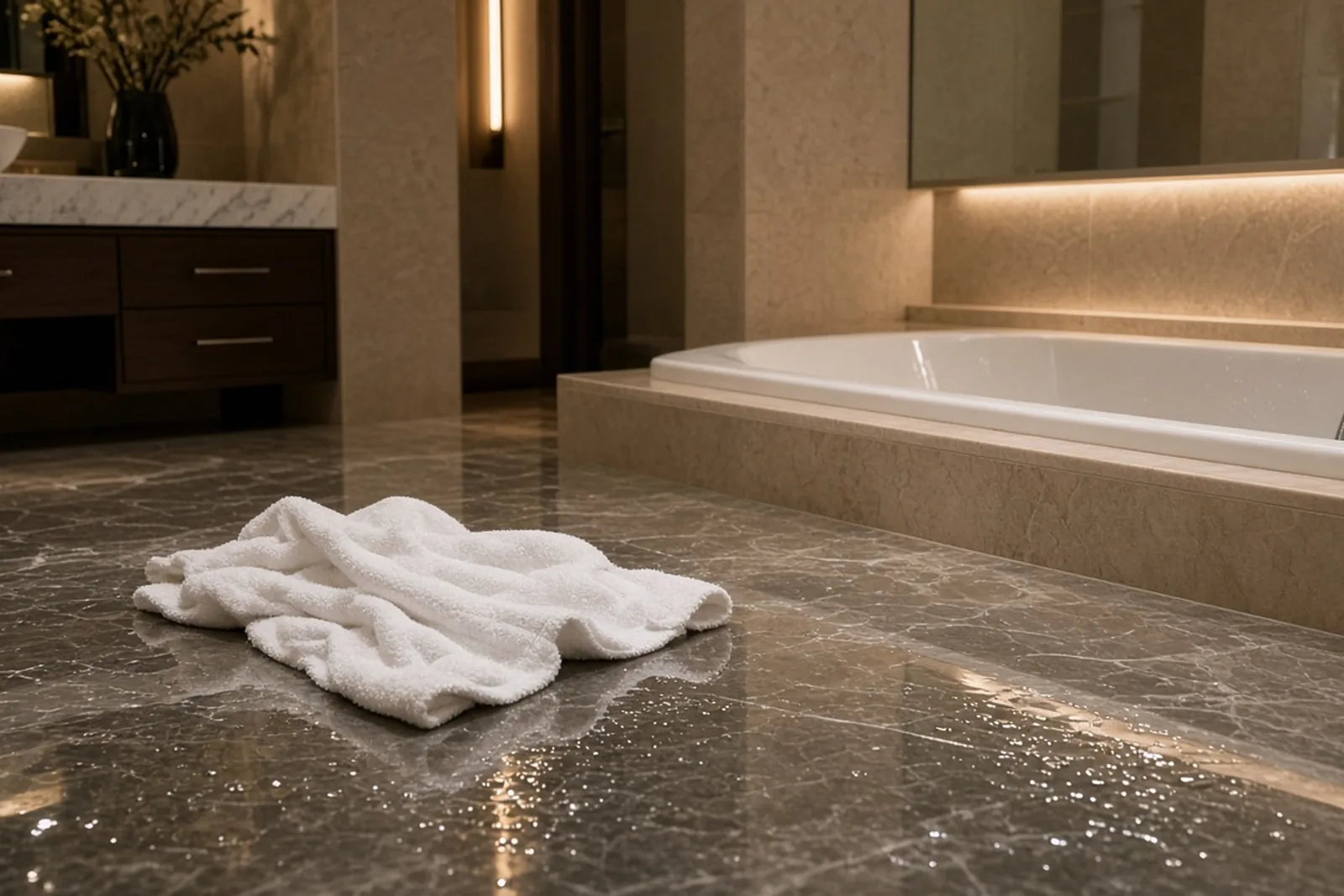 Hotel injury risk: wet marble floor and bathtub in a hotel bathroom with no bath mat and a towel on the floor
