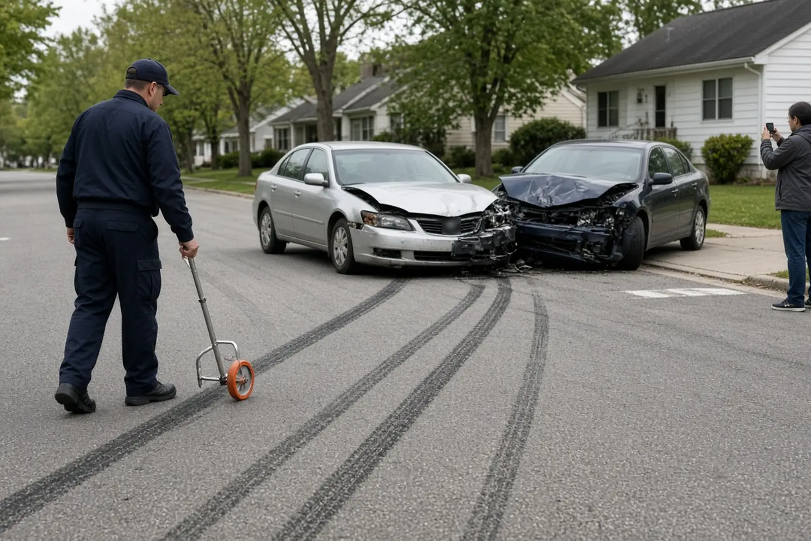 How fault is determined: police officer measuring skid marks with a tape wheel at an intersection beside two damaged cars