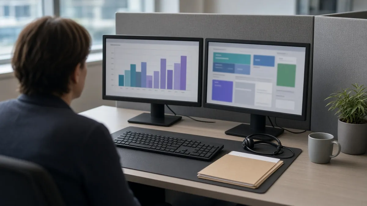 An adjuster reviews claim charts on two screens, showing how insurers value injury claims with software.