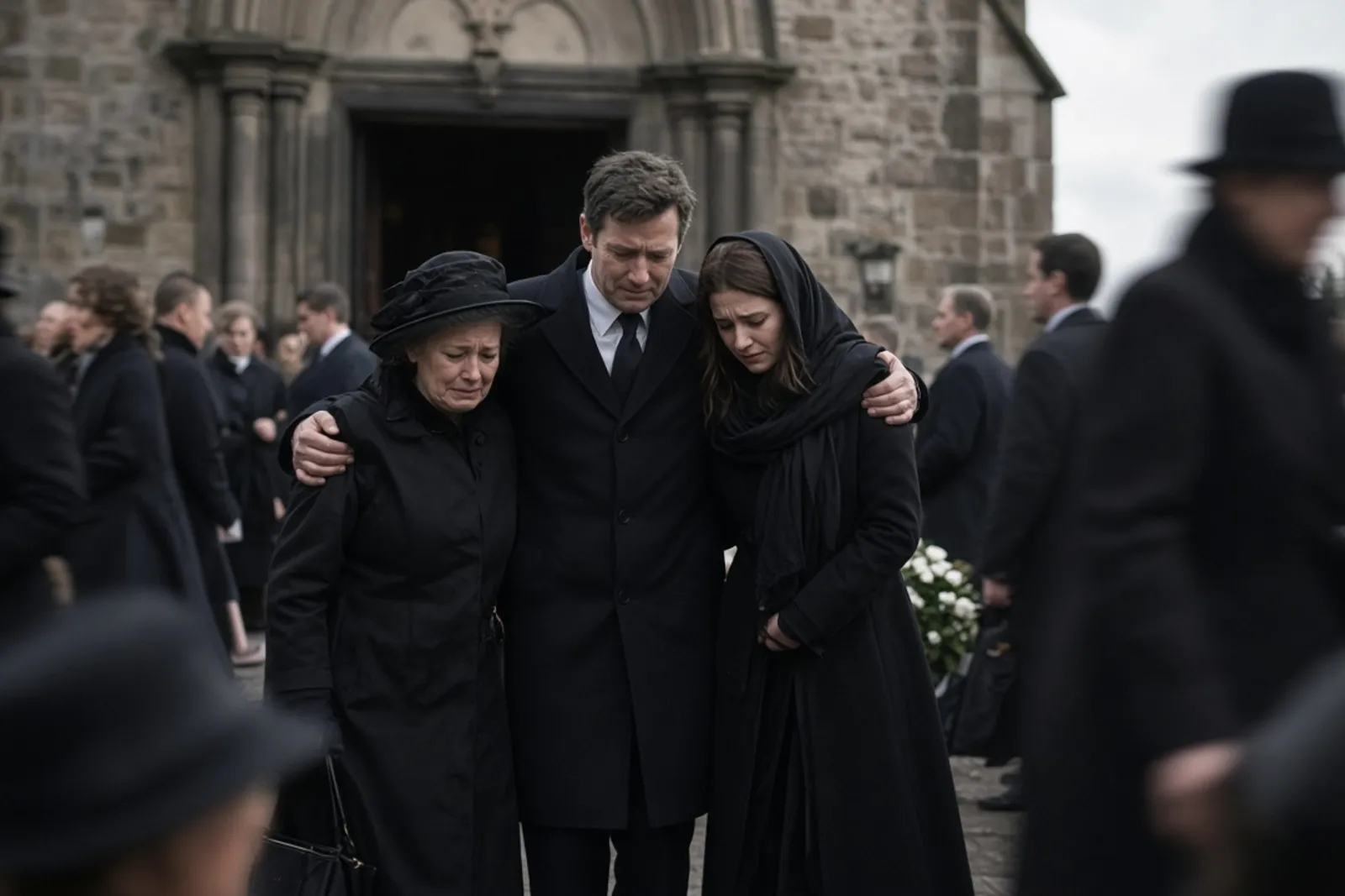 Grieving family at a memorial after a fatal car accident