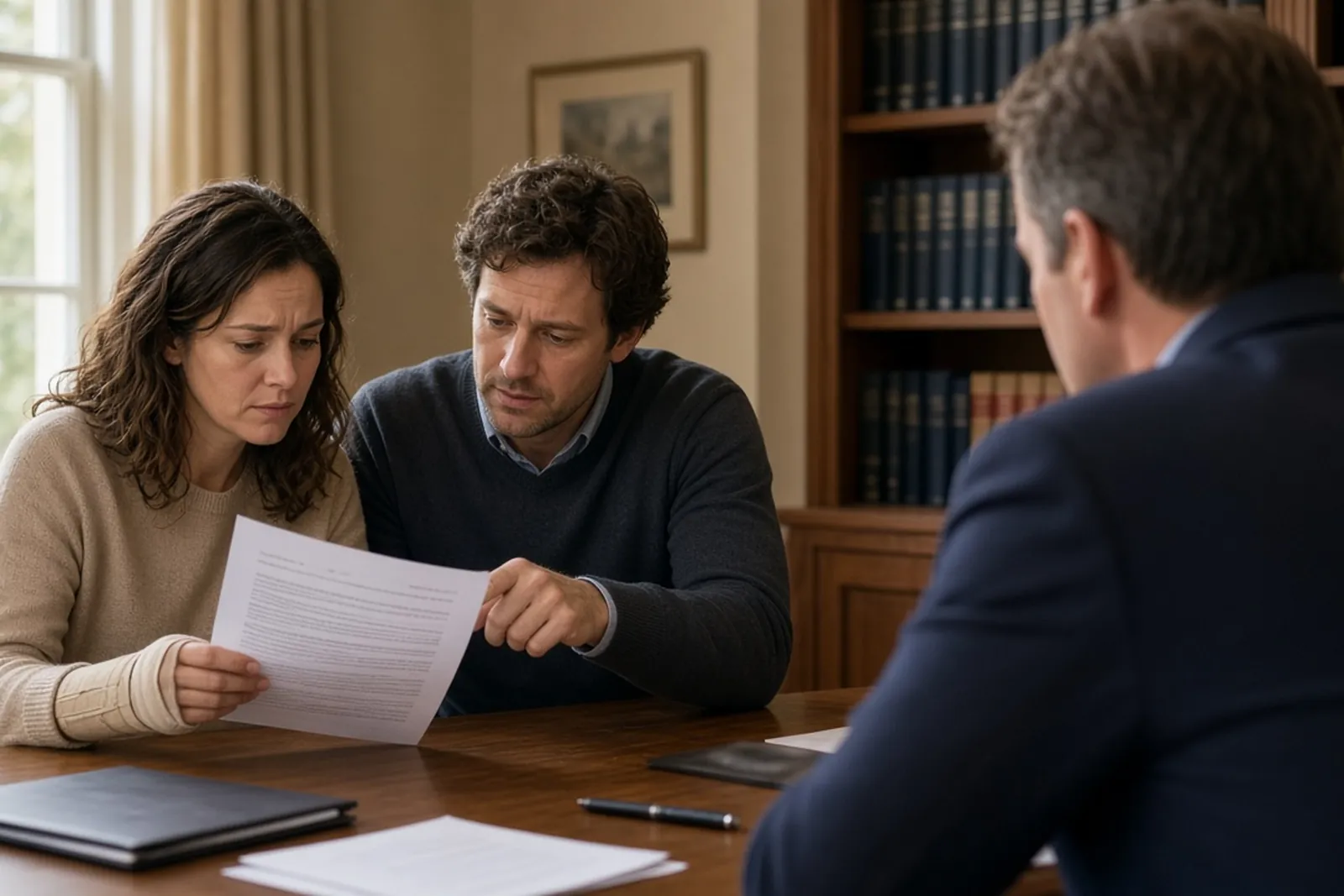 How to choose a personal injury lawyer: an injured woman and her husband review a fee agreement before signing.