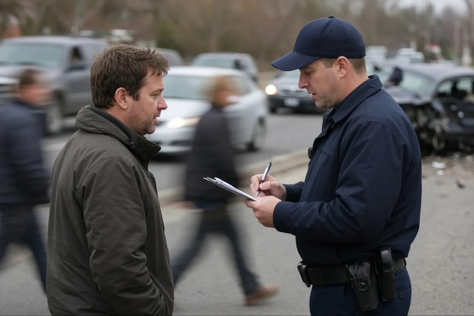 Police officer writing a crash report at an accident scene