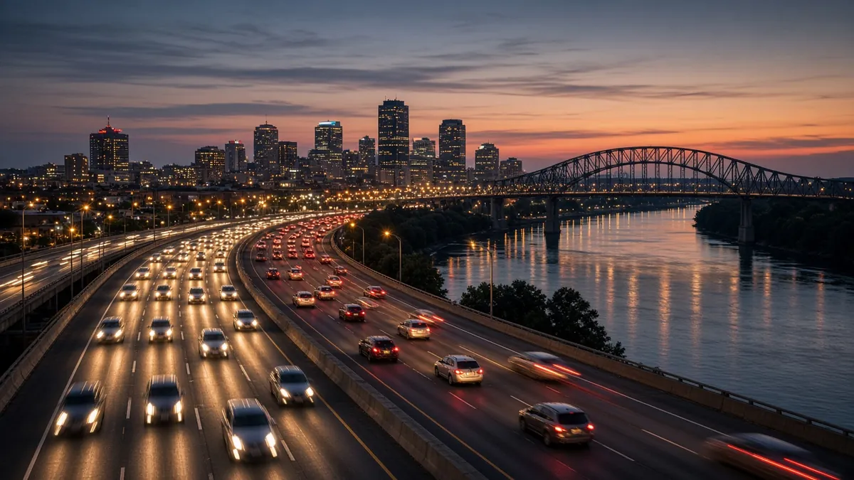 Evening traffic slows on Louisville's riverfront expressway, a common spot for an I-64 accident.