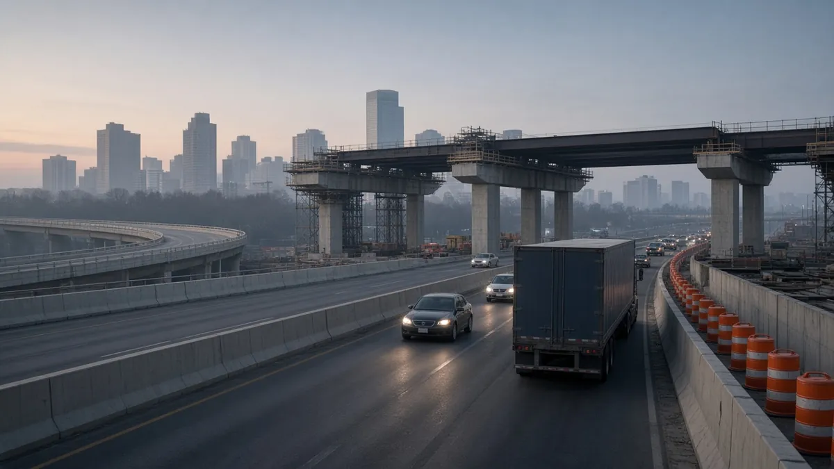 Traffic squeezes through construction barrels on a Louisville interstate, a common setting for an I-65 accident.