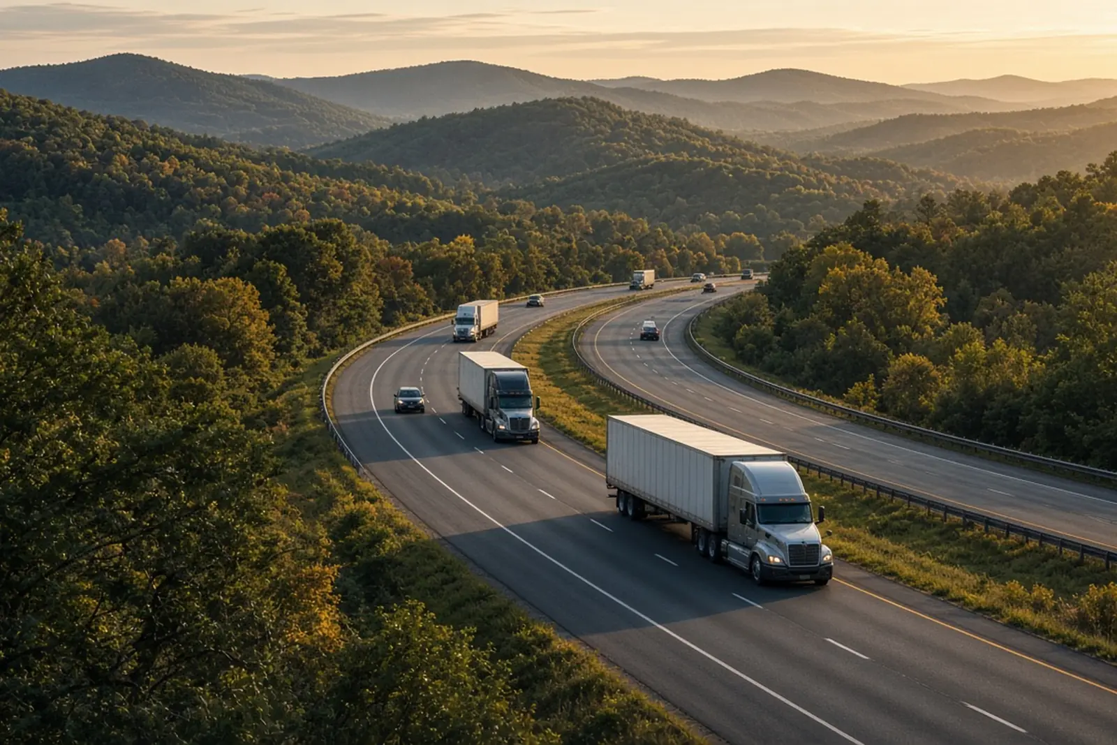 I-71 accident risks near Louisville: tractor-trailers and cars on a curving four-lane interstate through wooded hills in Oldham County.