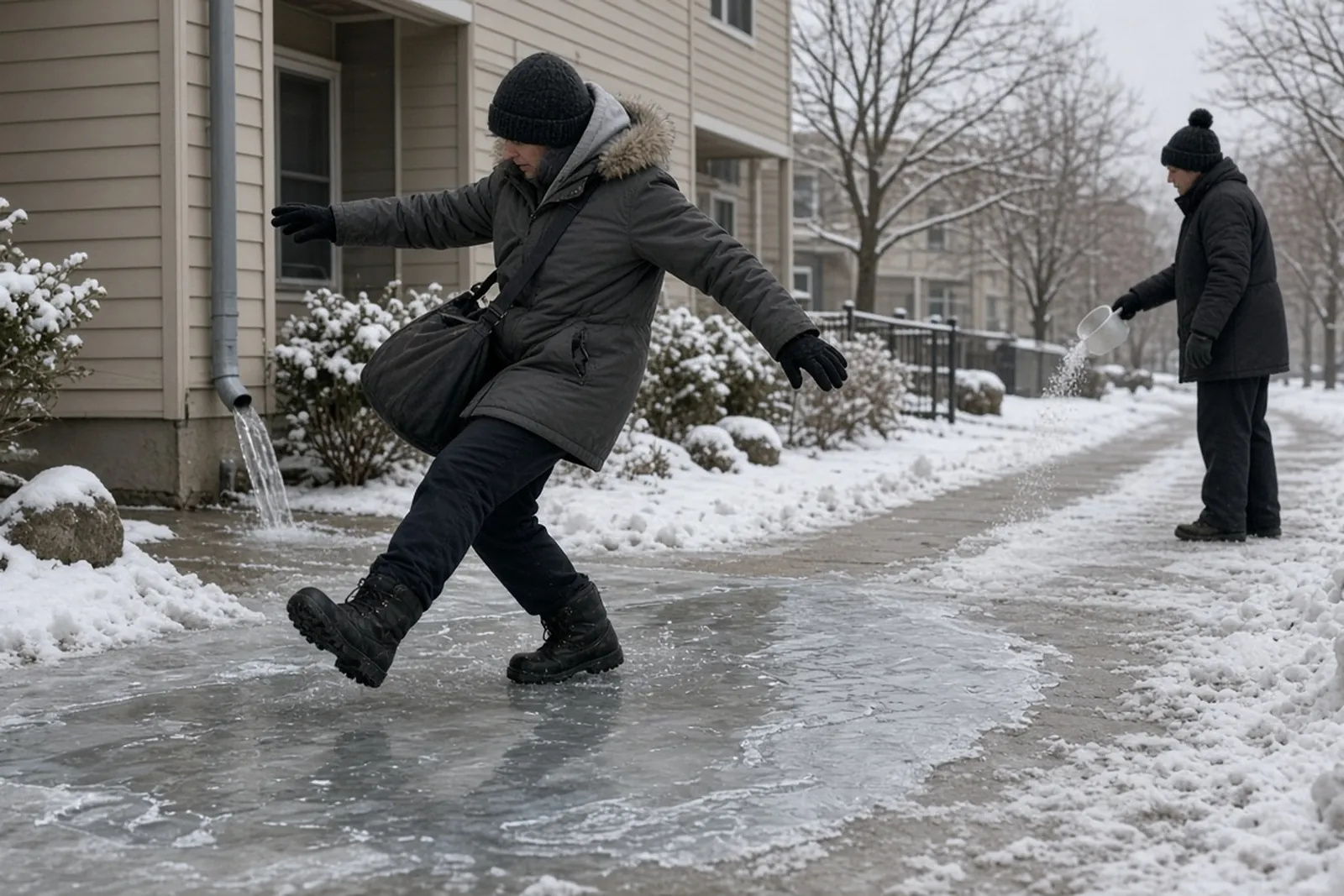 Ice and snow slip and fall: a person loses footing on refrozen meltwater below a downspout on a Louisville walkway.