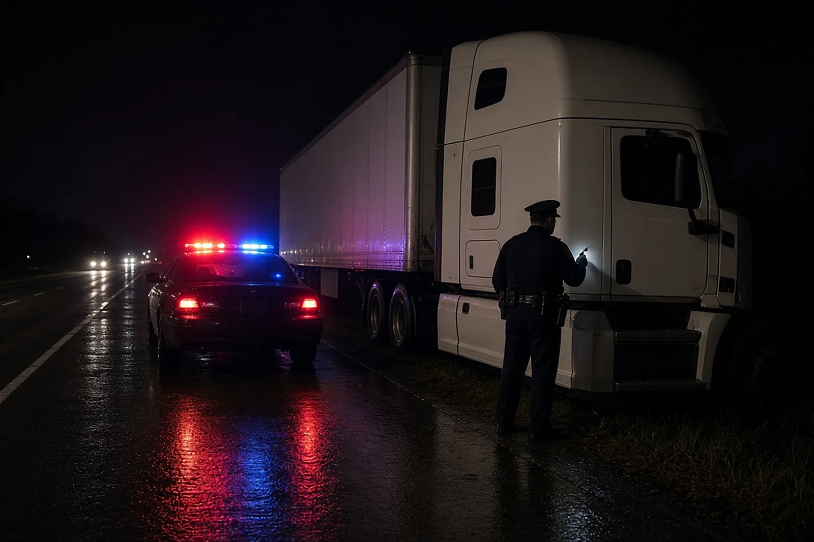 Drunk truck driver accident: police officer at the cab of a semi-truck stopped on an interstate shoulder at night