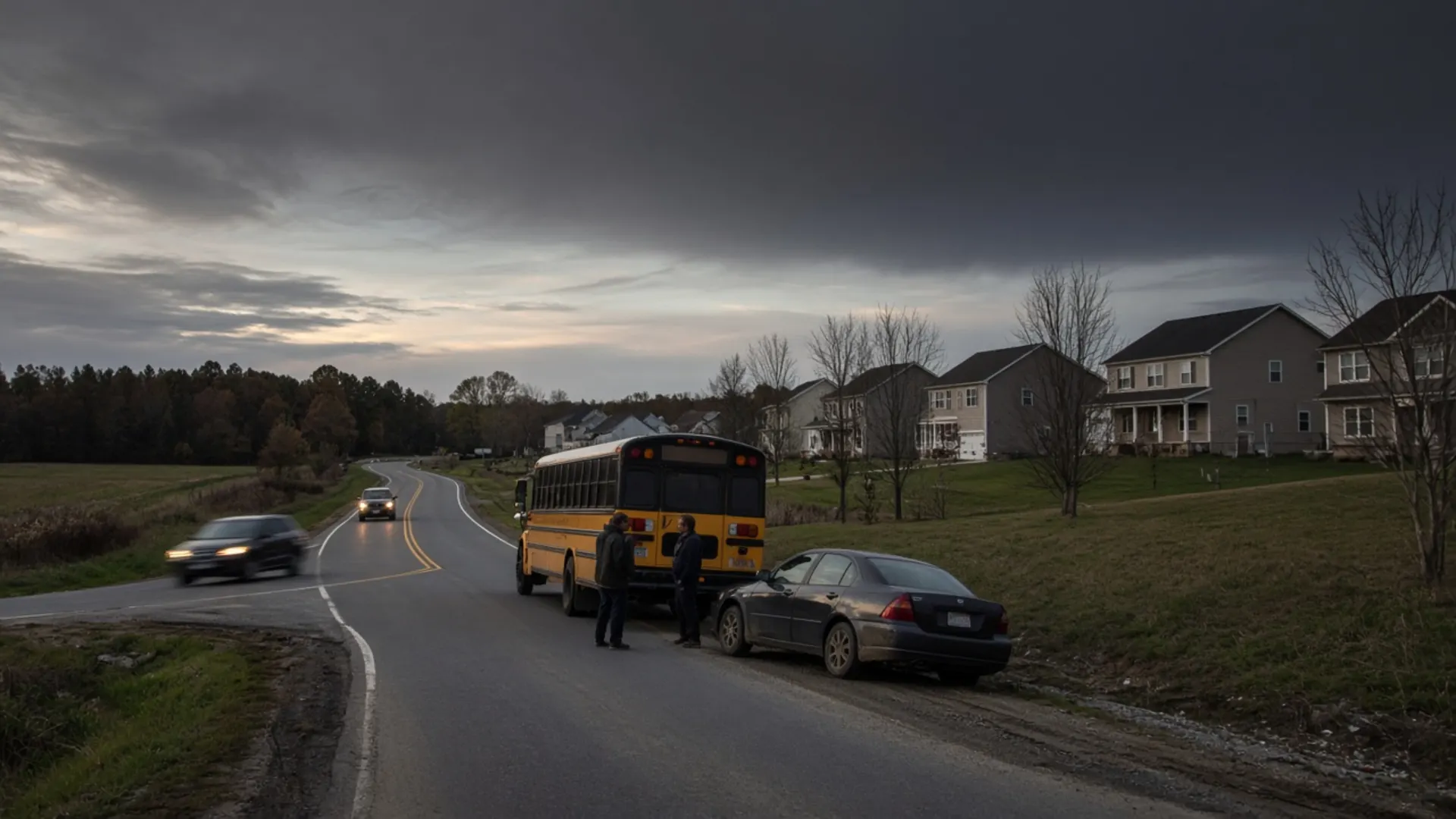 Independence, KY personal injury lawyer — School bus and car stopped after a near collision on a narrow two-lane road in Independence