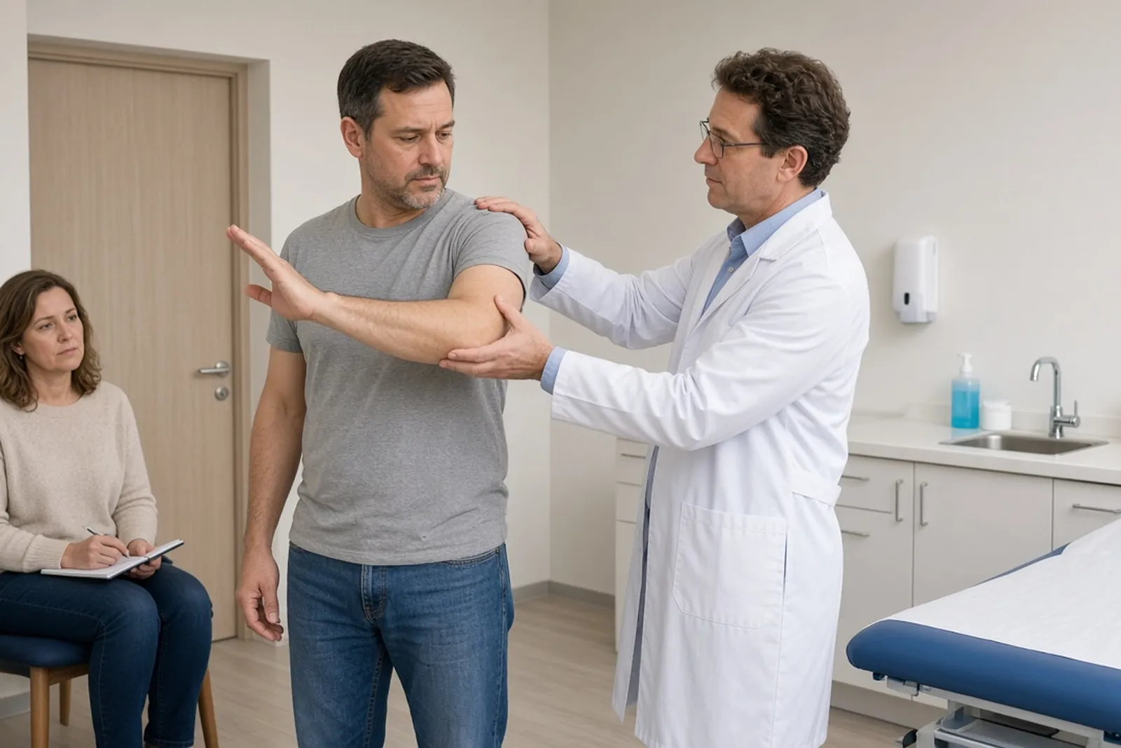 Independent medical exam: a doctor tests an injured man's shoulder movement while his wife observes.