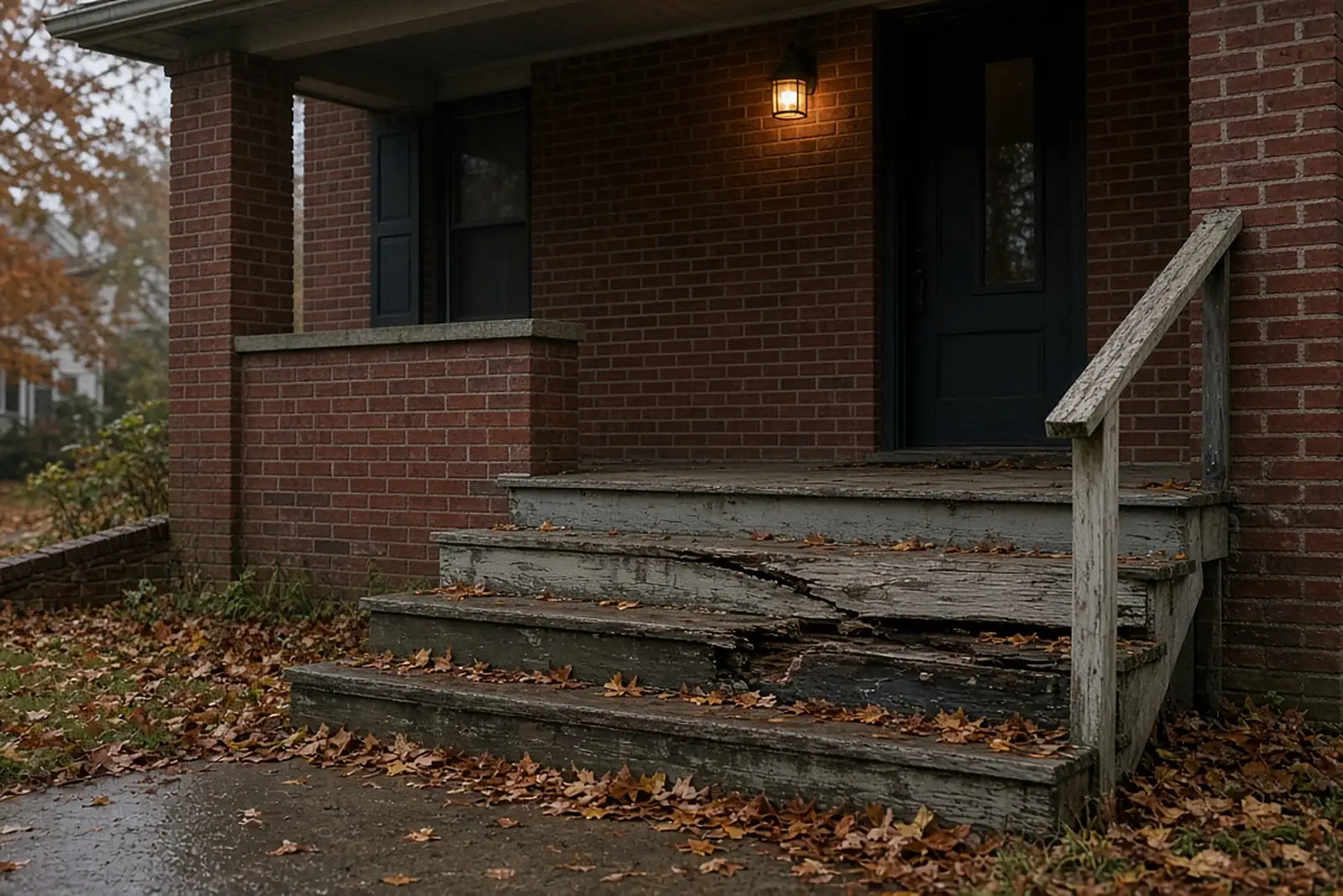 Injured at someone's house: broken wooden porch step covered with wet leaves at a brick home