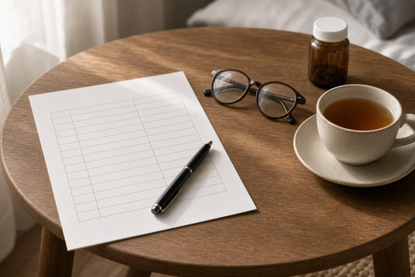 A printed injury pain journal worksheet on a bedside table beside a pen, reading glasses and a cup of tea.