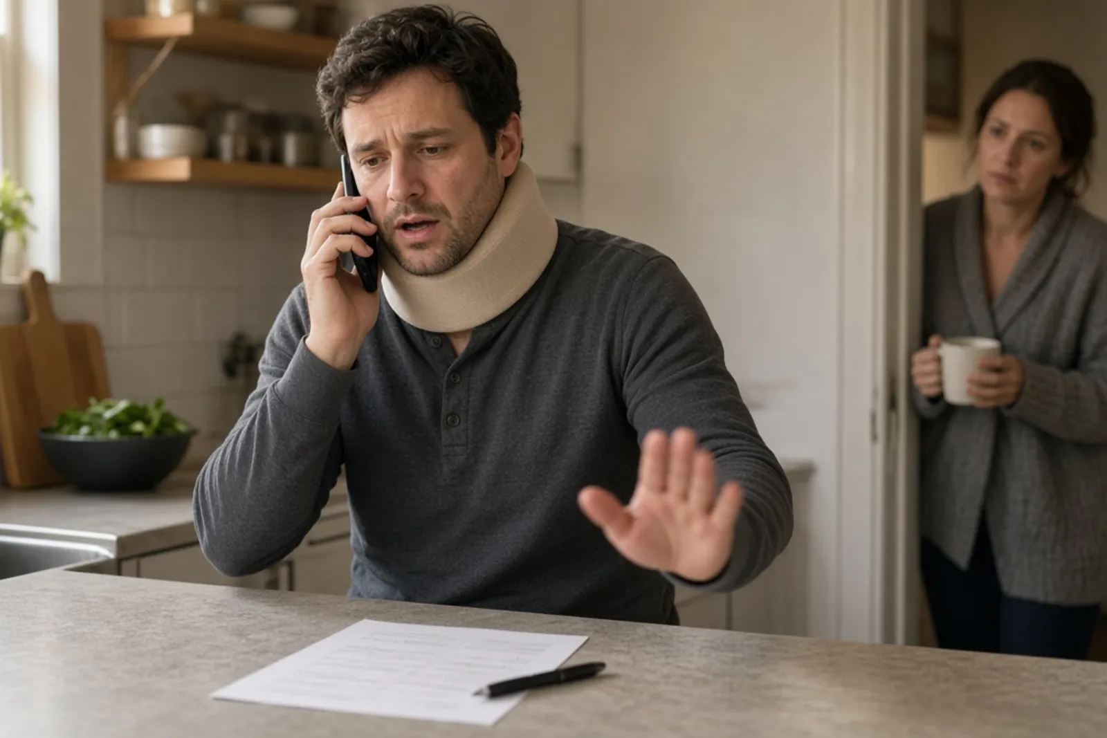 Injured man pausing a call to think through insurance adjuster tactics before signing a form.