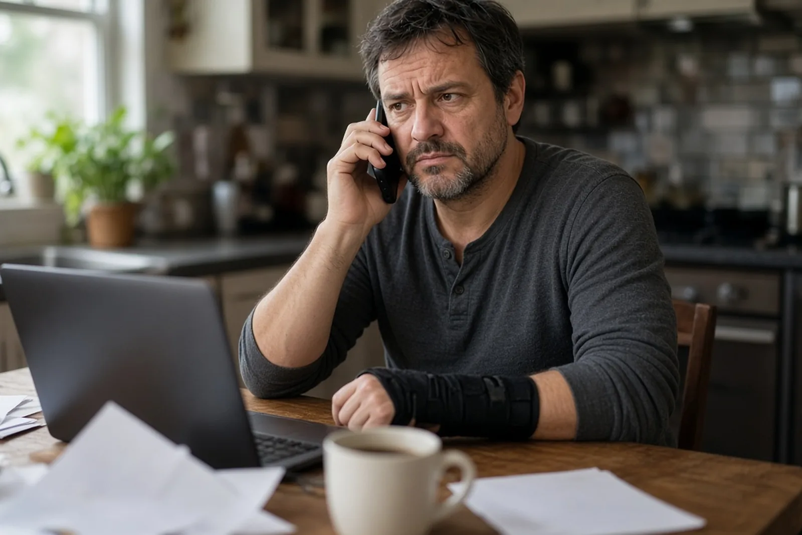 Insurance adjuster playbook: injured man in a wrist brace on the phone at his kitchen table with claim papers in front of him