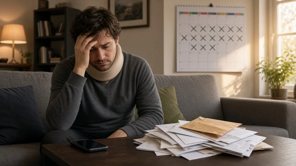 Insurance company taking so long: an injured man waits on hold with a stack of claim letters.