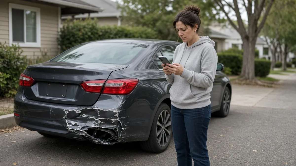 After a not-at-fault accident in Kentucky, a driver with a dented rear bumper checks her insurance renewal.