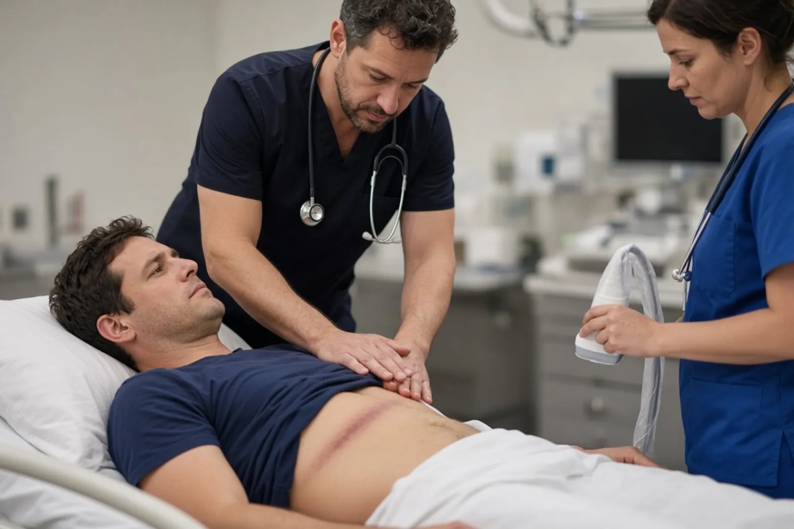 Emergency doctor examining a crash patient for internal injuries