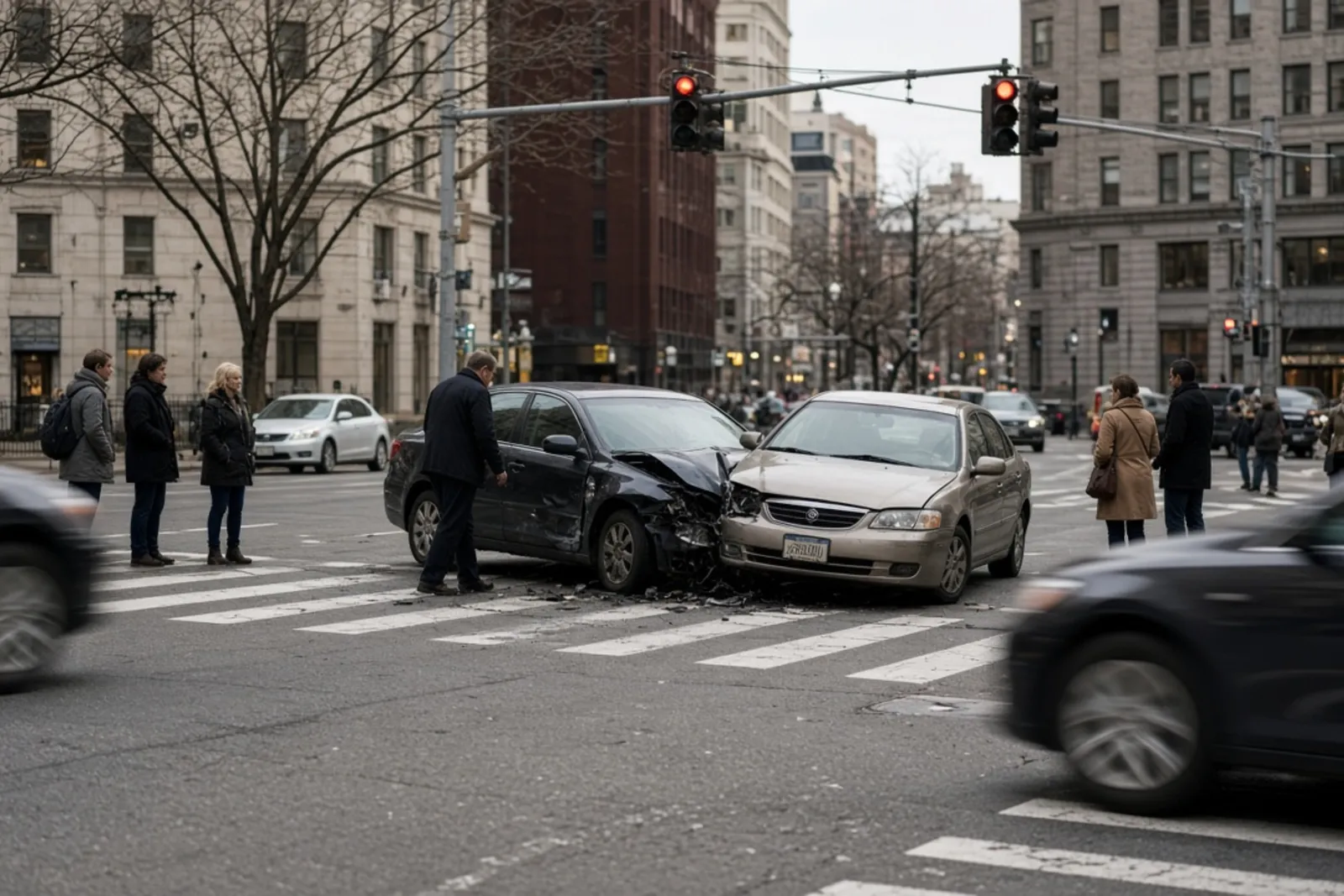 Car collision in a busy intersection with traffic lights