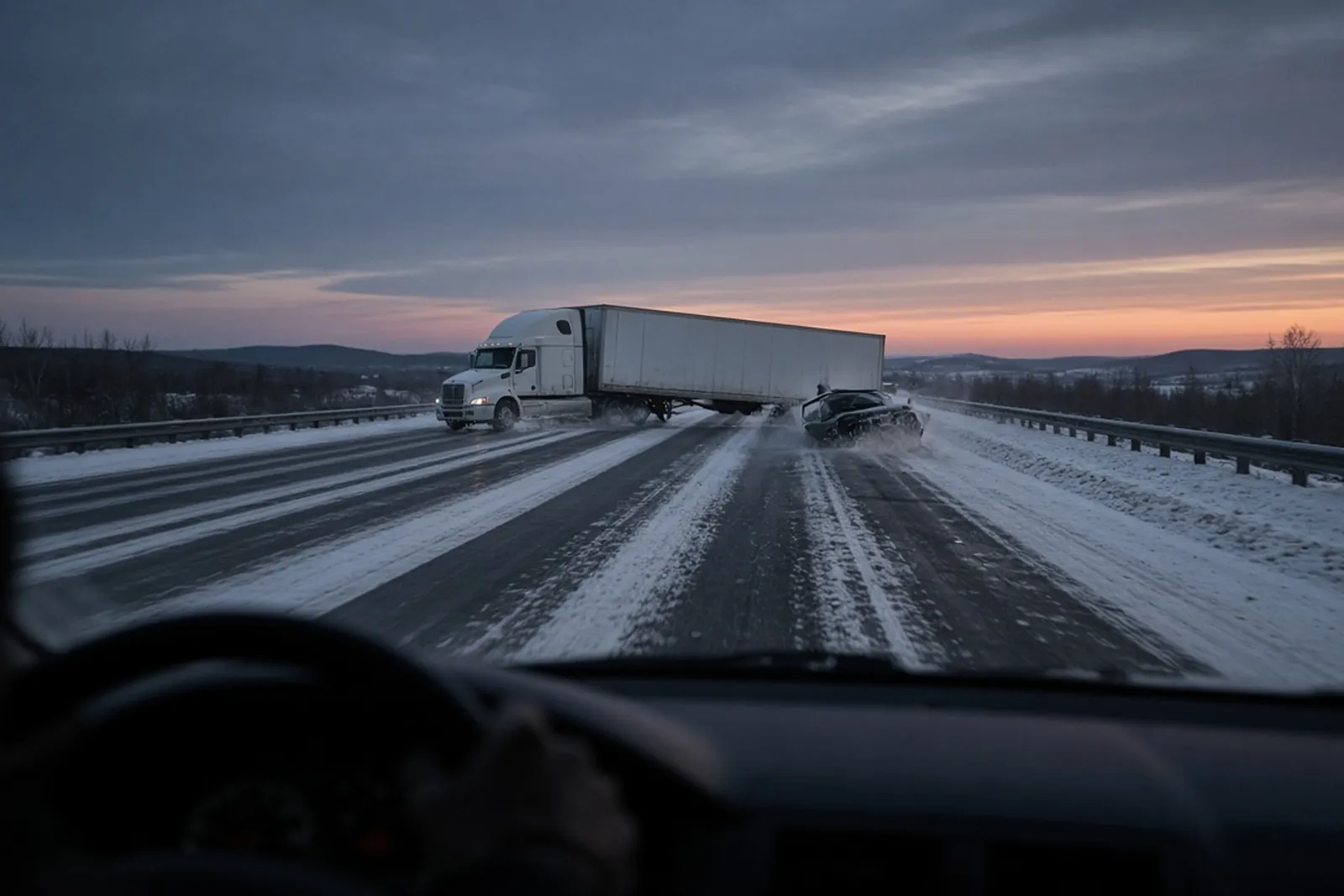 Jackknife truck accident: a trailer swings across lanes on a slushy interstate as a car brakes toward the shoulder.