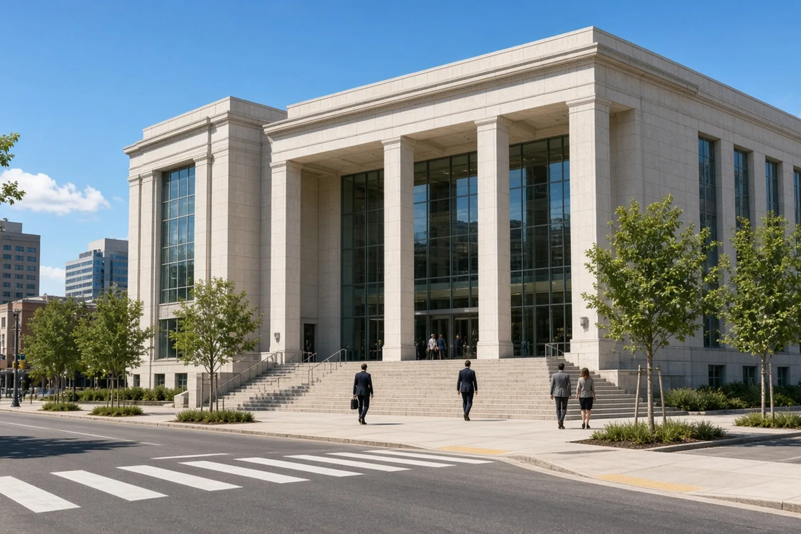 The Jefferson County Judicial Center, a large stone and glass courthouse on a downtown Louisville street, with people walking toward the entrance.