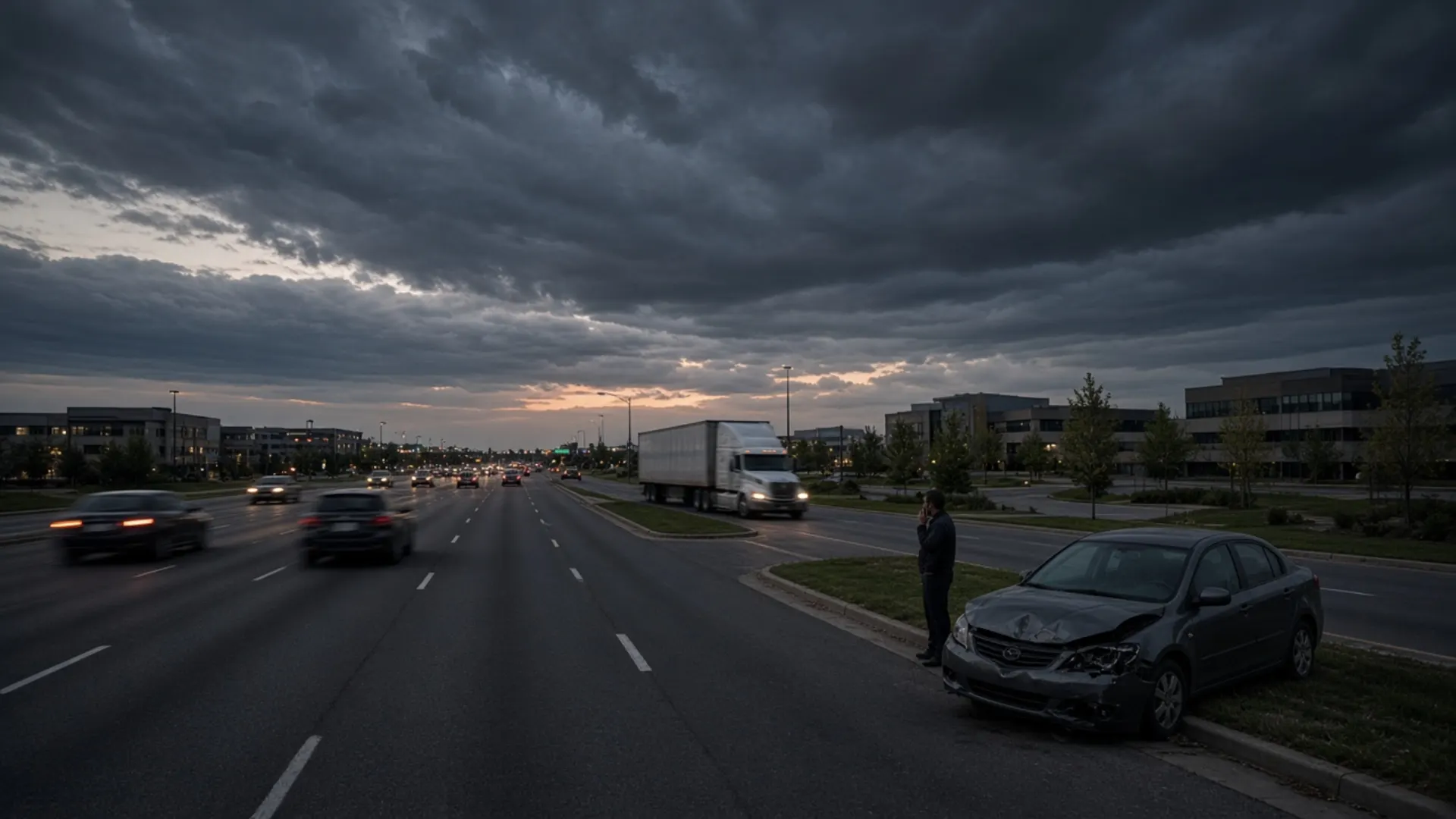 Jeffersontown, KY personal injury lawyer — Car crash on a busy suburban parkway with a semi truck in Jeffersontown area traffic