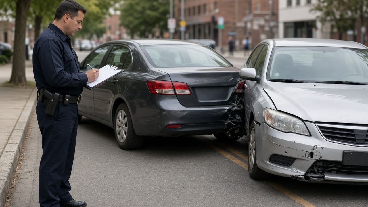 A police officer writes the Louisville, KY accident report on a clipboard beside his cruiser while a driver waits next to a damaged car.