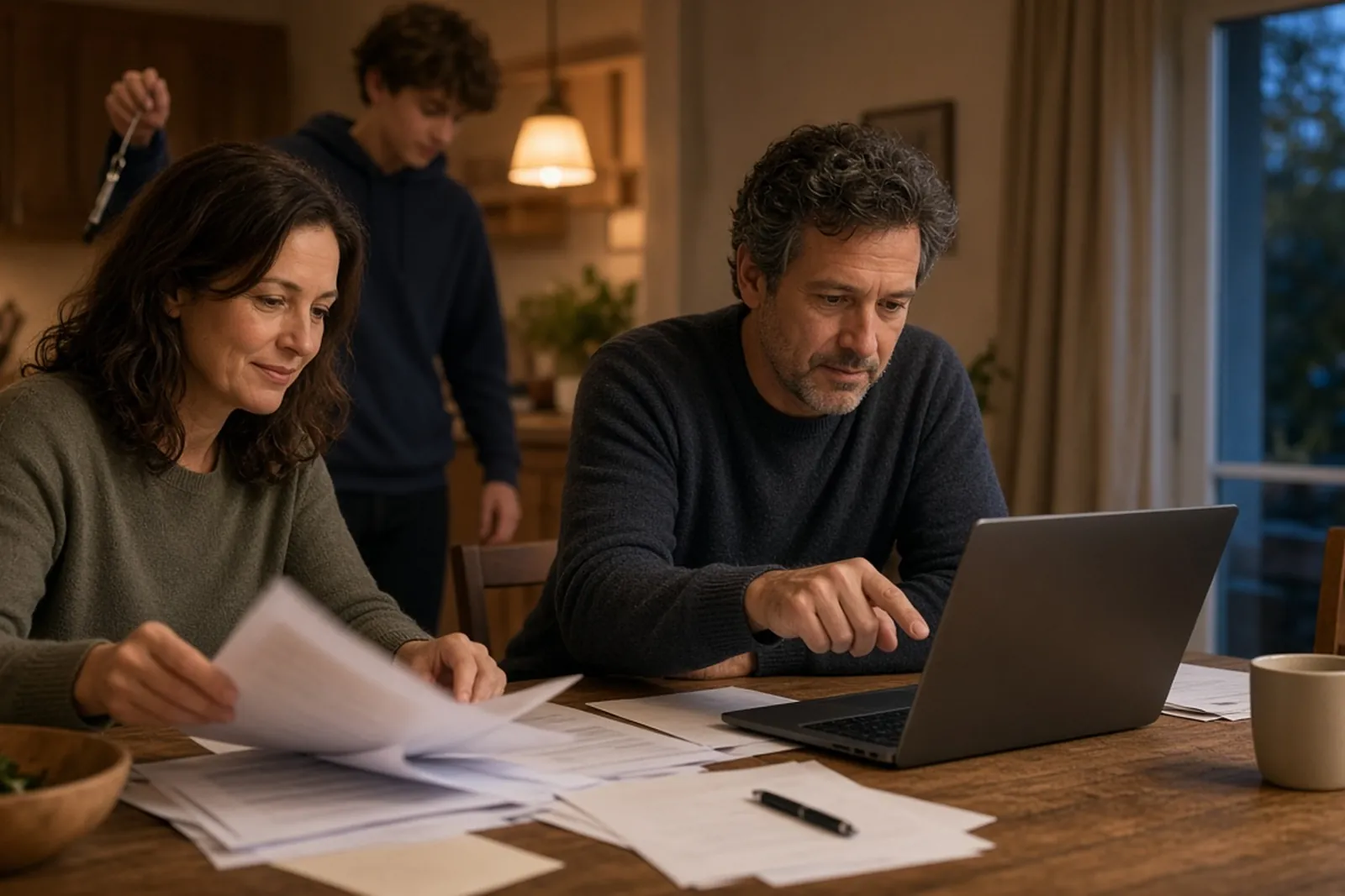 Kentucky auto insurance coverage review: parents compare their policy options as their teen driver walks by with car keys.