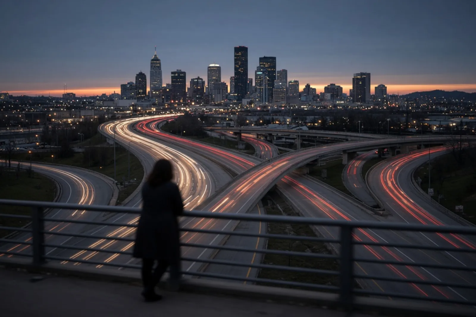 Evening traffic streaming through a Louisville interstate interchange.