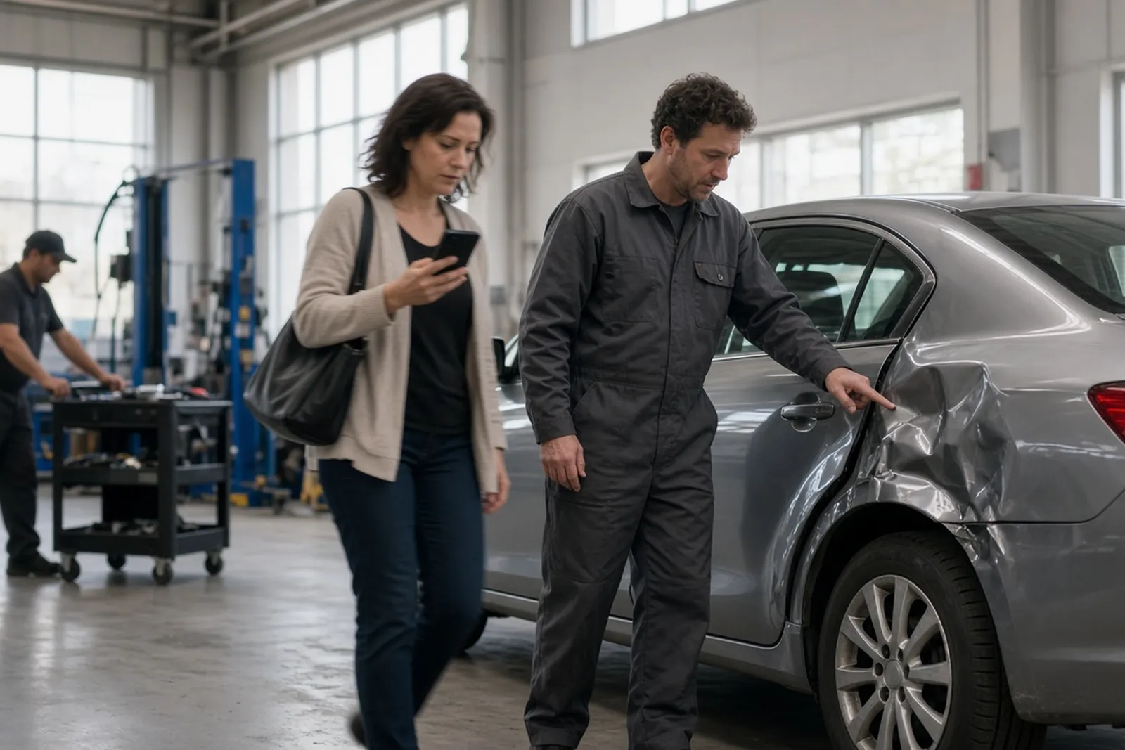 Car property damage claim: a driver photographs a dented rear panel as a technician points out the damage.