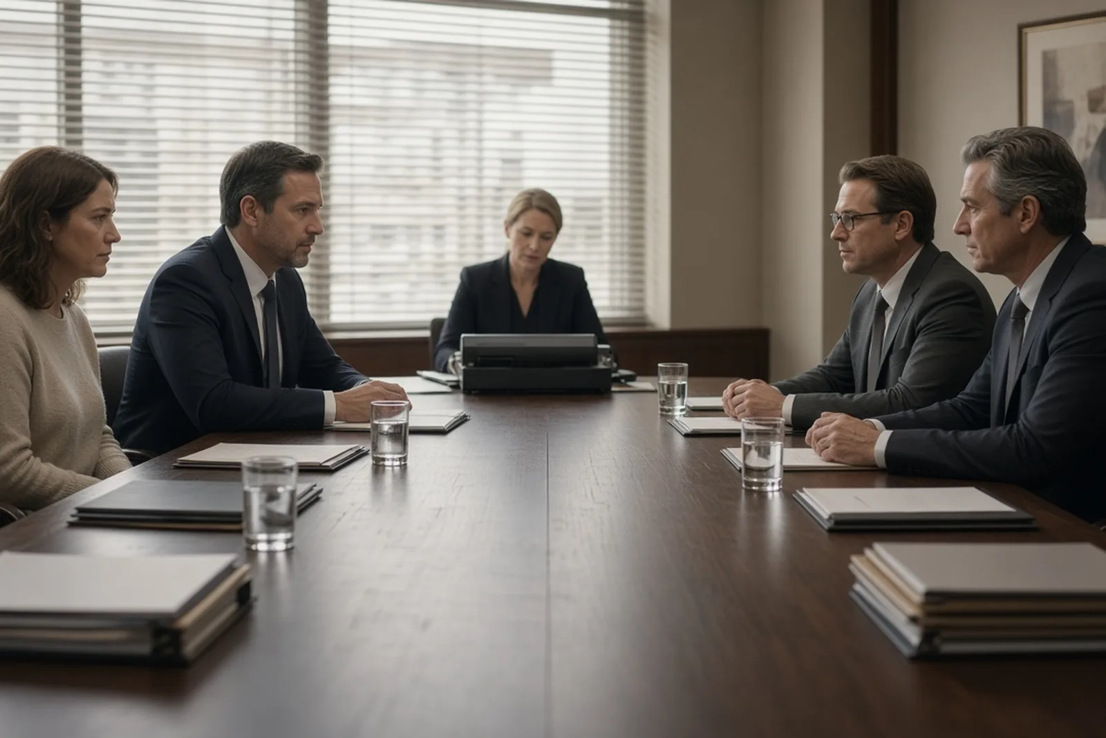 A client and attorney sit across a conference table from opposing counsel with a court reporter during depositions and mediation.