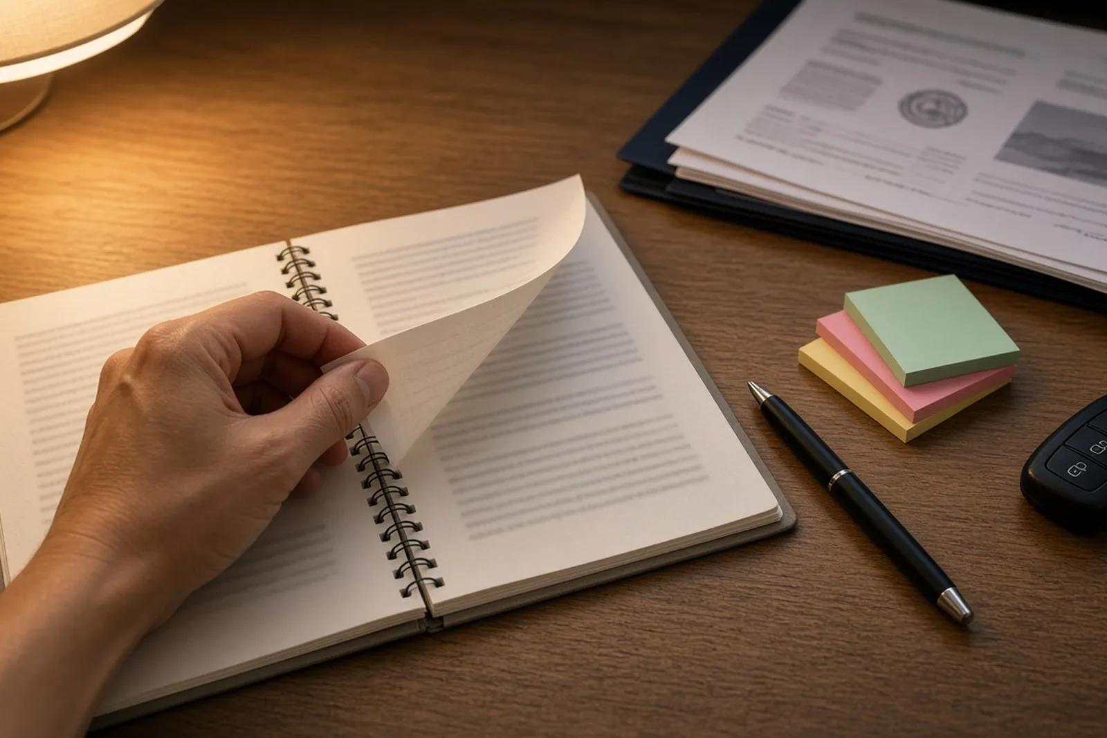 Hand writing notes from the Kentucky injury claim handbook in a spiral notebook on a wooden desk