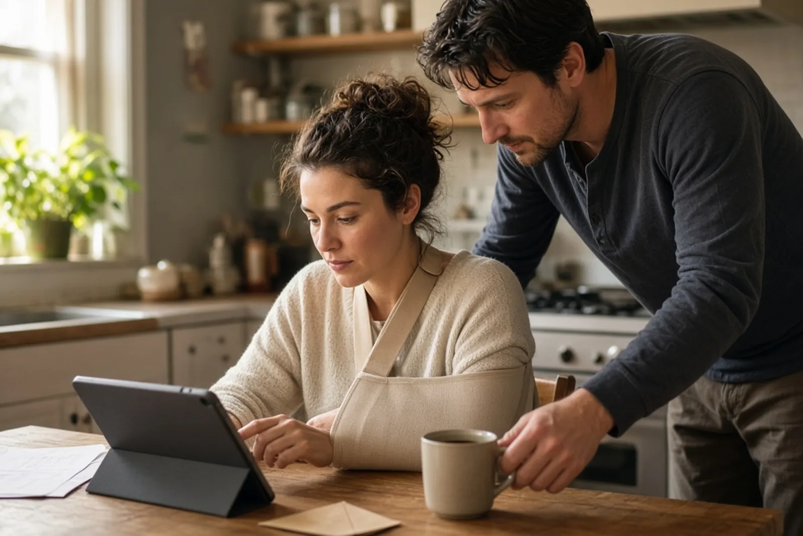 Injured woman and her partner reading accident guides at home.