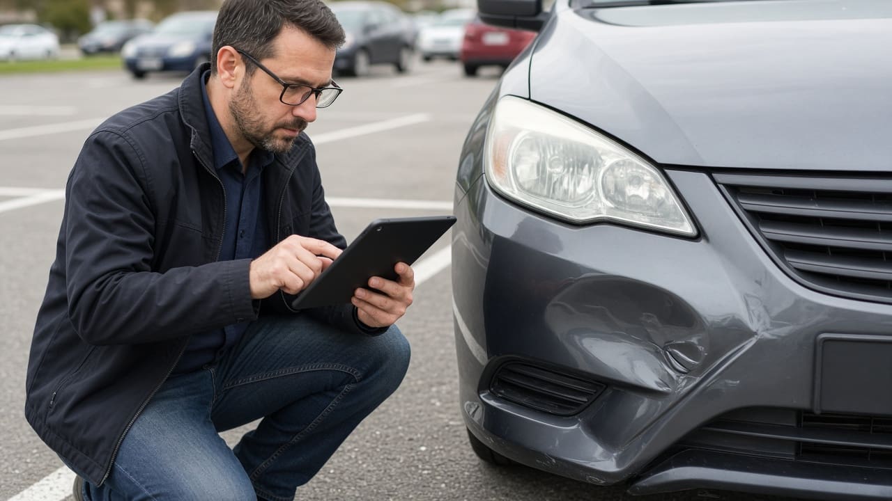 An insurance adjuster with a tablet inspects a dented car door for a Progressive claim in a parking lot while the owner watches.