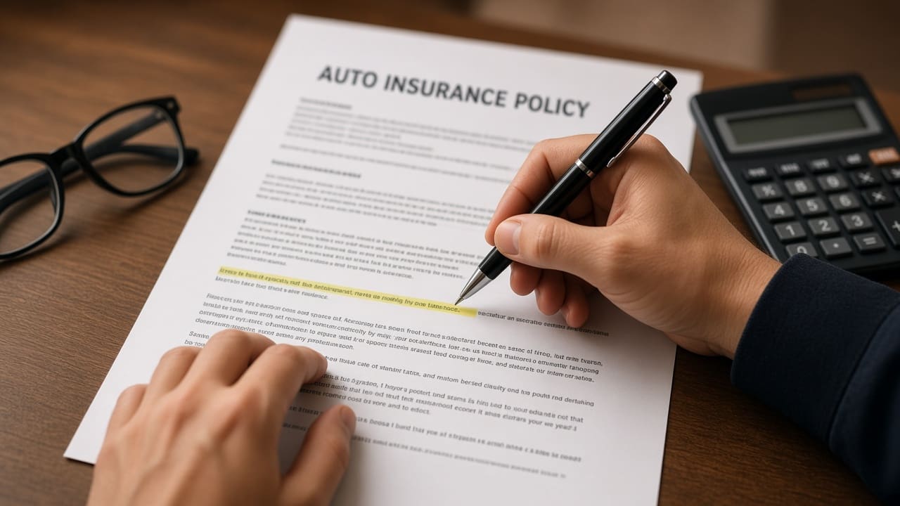 Hands hold reading glasses over Kentucky insurance company guides and an auto policy beside a calculator and car keys.