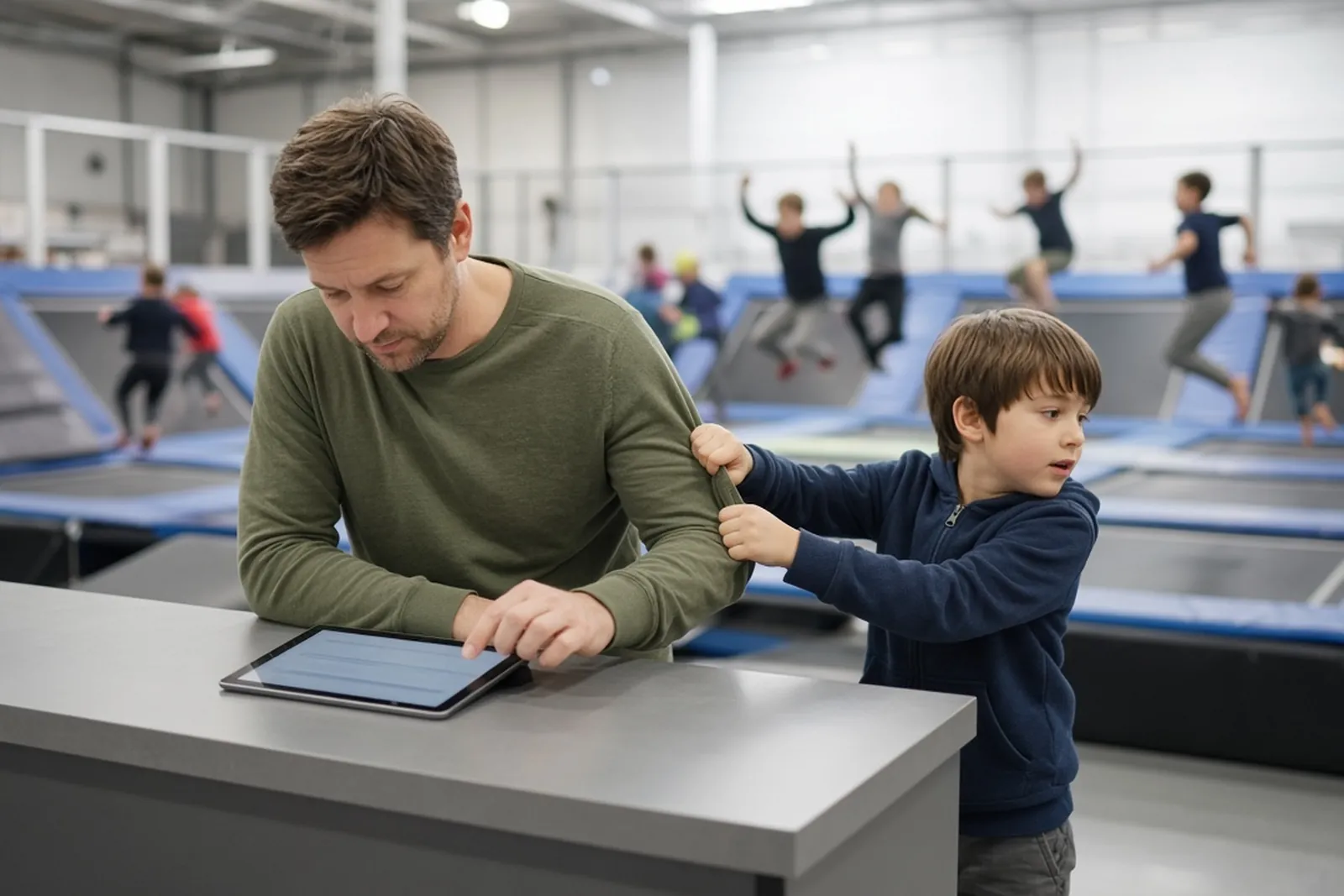 Parent about to sign a liability waiver on a tablet at a Kentucky trampoline park while a child waits.