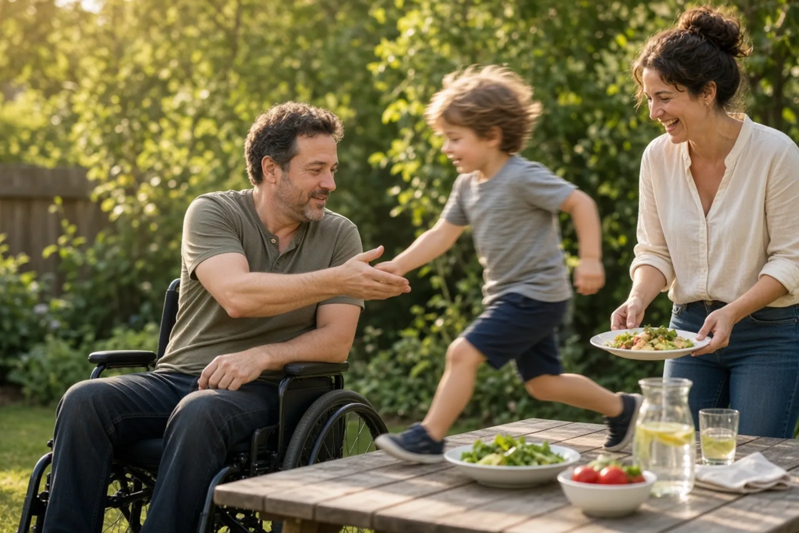 Injured father reaching for his son's hand at a family picnic while his wife looks on, the family bond a loss of consortium claim protects.