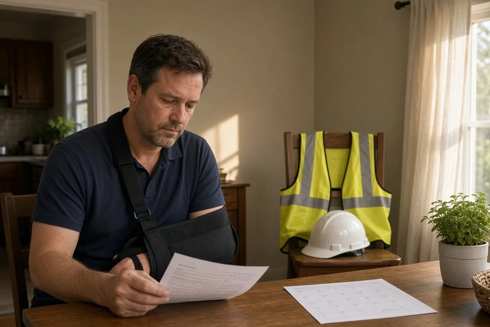 An injured warehouse worker with an arm sling looks over a pay stub at home, tracking lost wages after missing work.