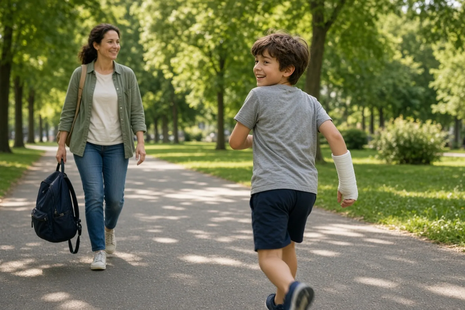Minor settlement in Kentucky: a boy with a cast runs ahead of his mother in a park during his recovery.