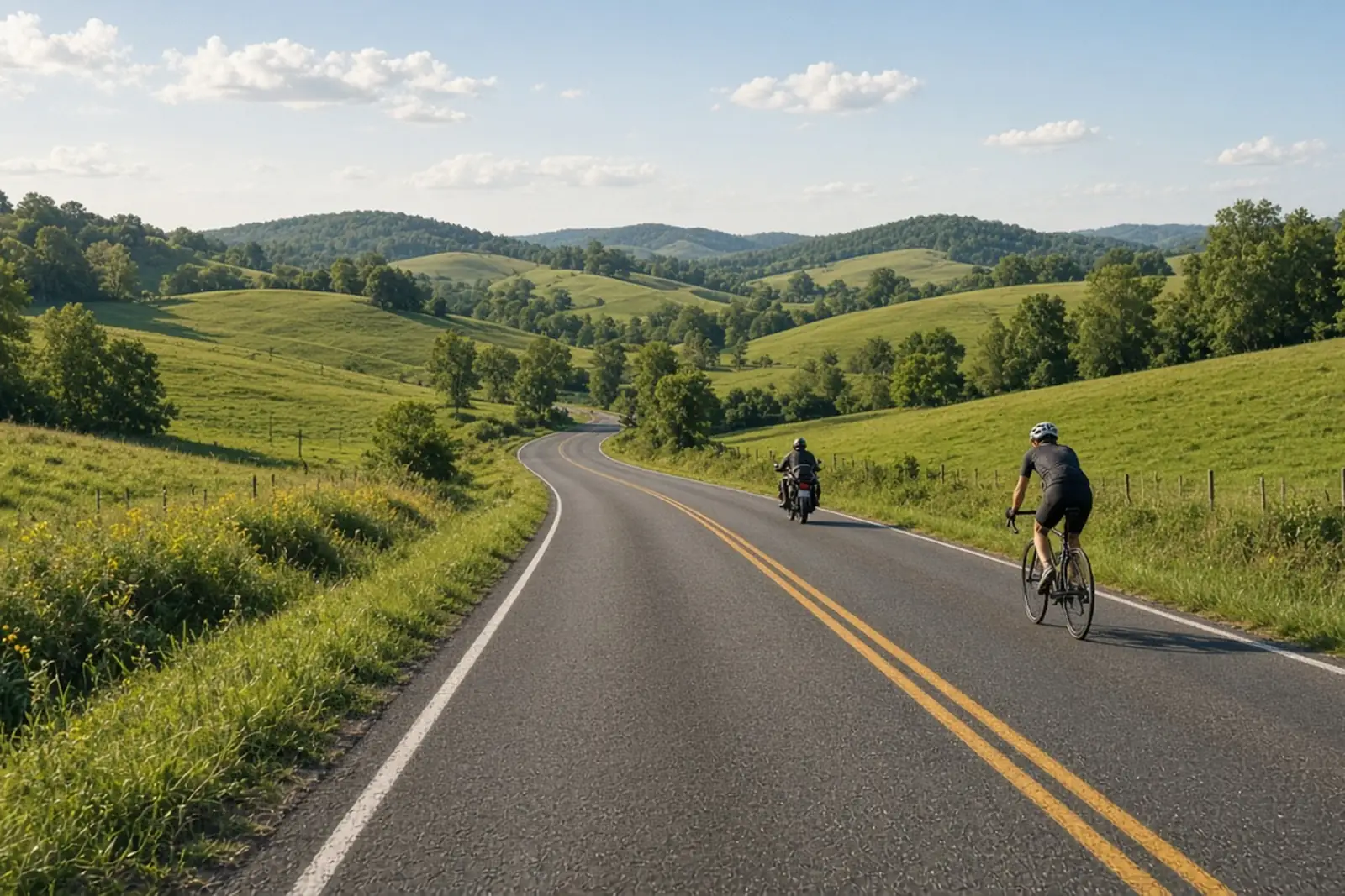 Kentucky motorcycle and bicycle laws: a motorcyclist and a cyclist share a two-lane country road.