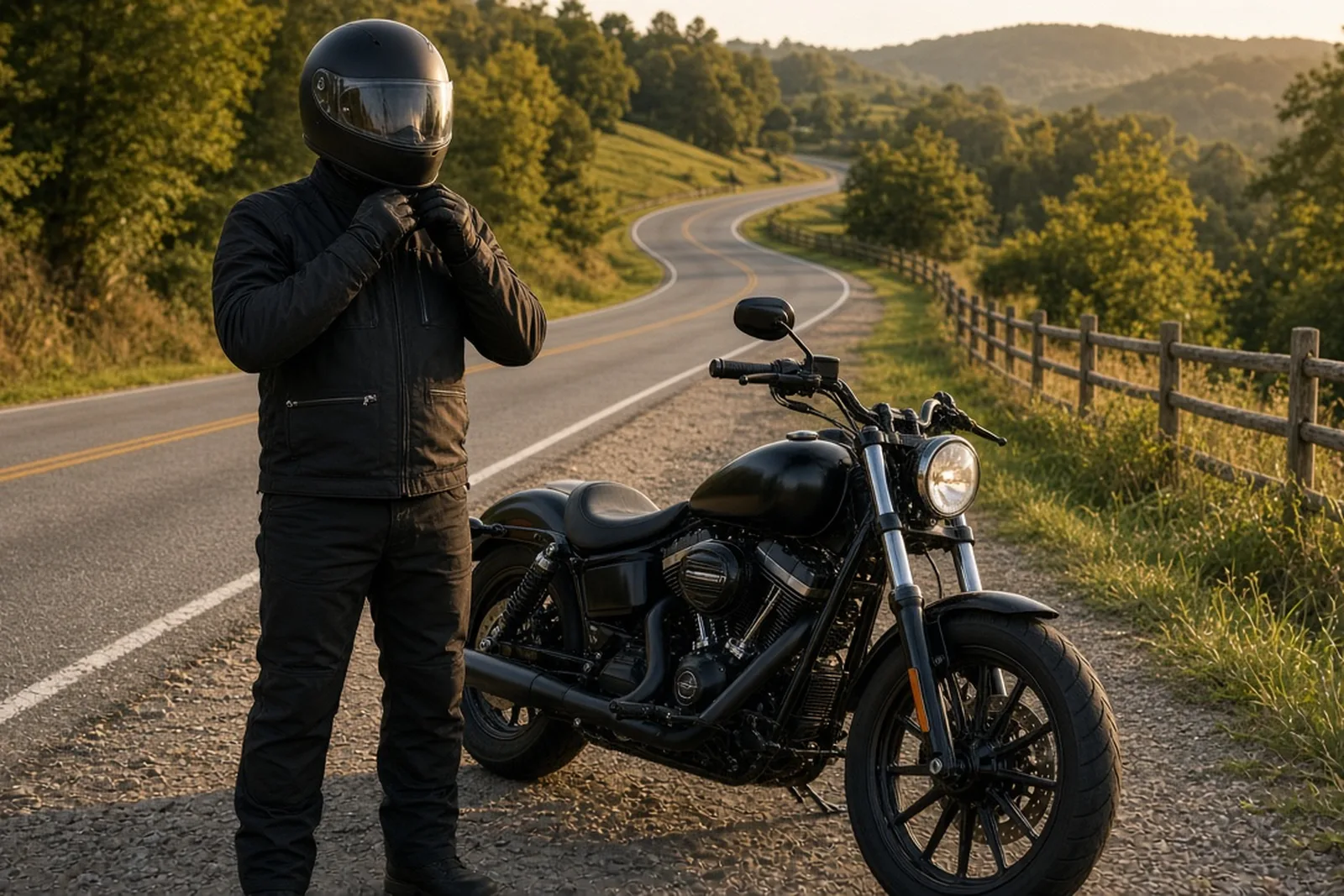 A motorcyclist fastens the chin strap of a full-face helmet beside a parked motorcycle on a Kentucky country road, as the Kentucky motorcycle helmet law requires for some riders.